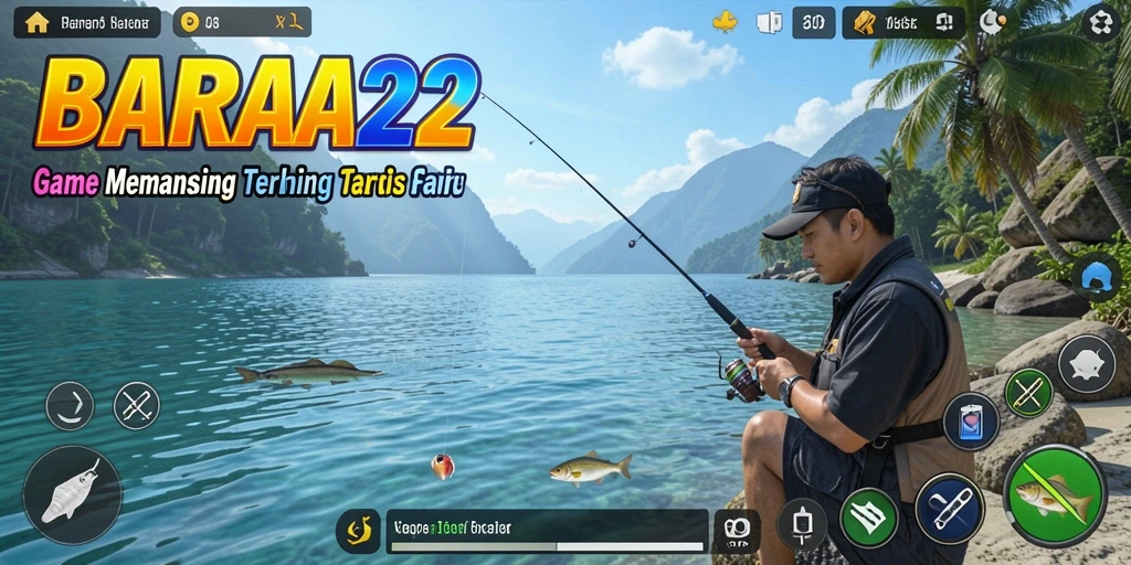 Screenshot dari gameplay BARA22 menampilkan seorang pemain yang menangkap ikan besar.