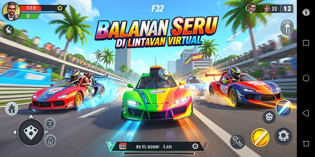 Tampilan gameplay F32 dengan mobil balap di lintasan yang menegangkan.