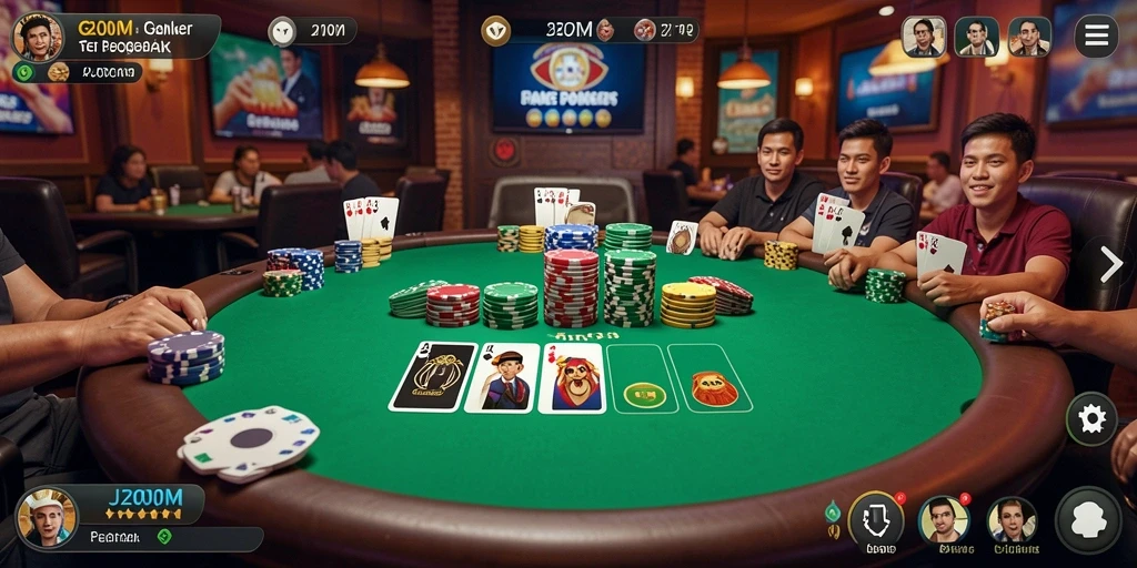 Gameplay J200M dengan suasana poker yang mendebarkan.